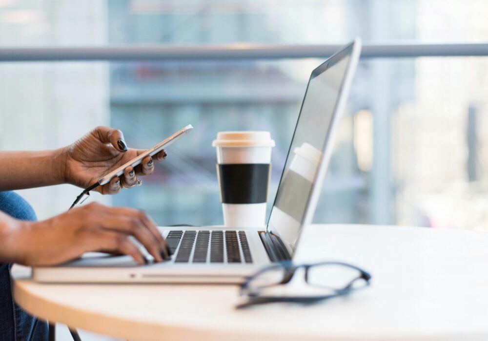 Free laptop on table top stock photo