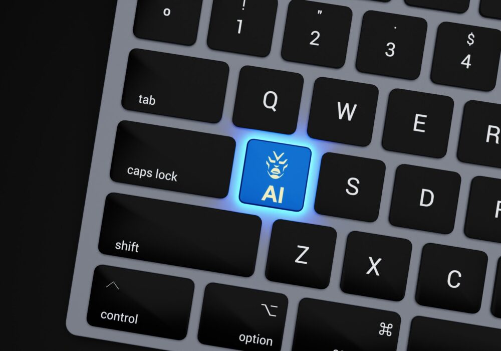 a-close-up-of-a-keyboard-with-a-blue-button
