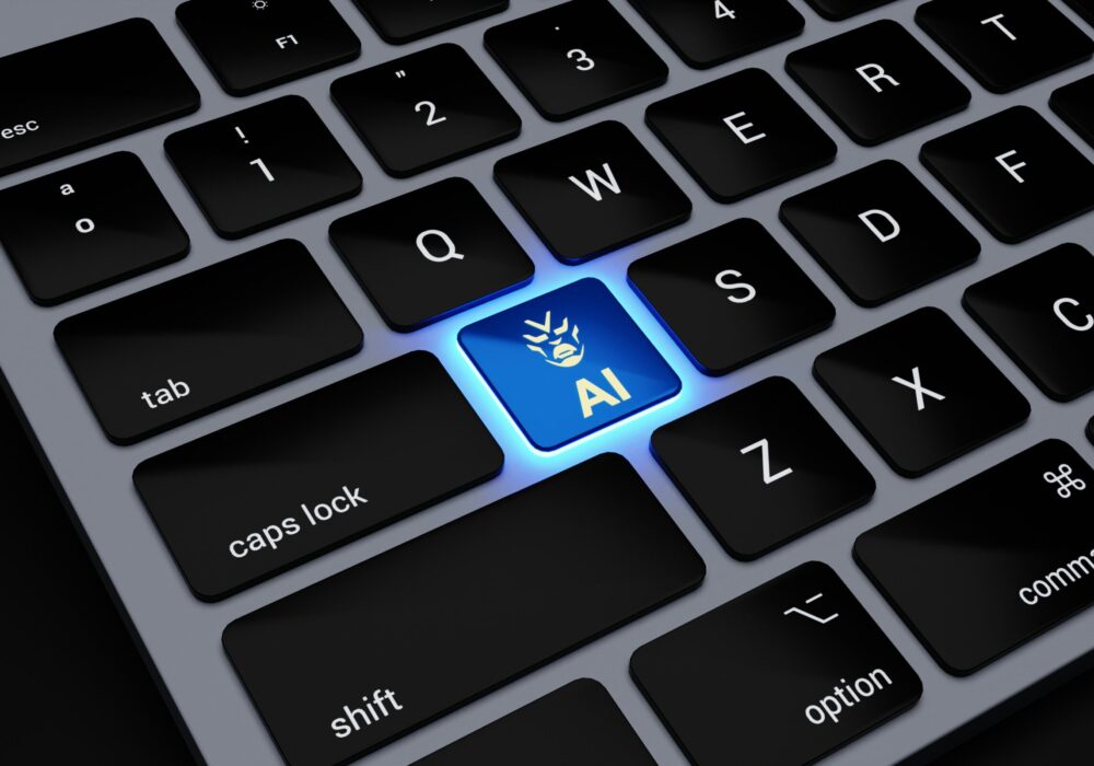 a computer keyboard with a blue light on it